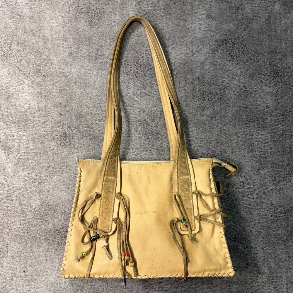 Leather C. Valentino Fringe Beaded Shoulder Bag